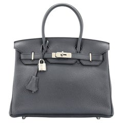 Hermès - Sac à main Birkin Bleu Obscur Clemence avec finitions métalliques en palladium 30