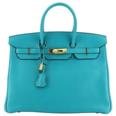 Hermes Birkin Handbag Bleu Paon Clemence with Gold Hardware 35