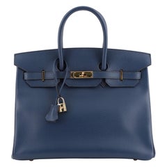 Hermes Birkin Handbag Bleu Saphir Ardennes with Gold Hardware 35