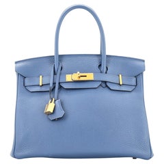 Hermes Birkin Handbag Bleu Thalassa Clemence with Gold Hardware 30