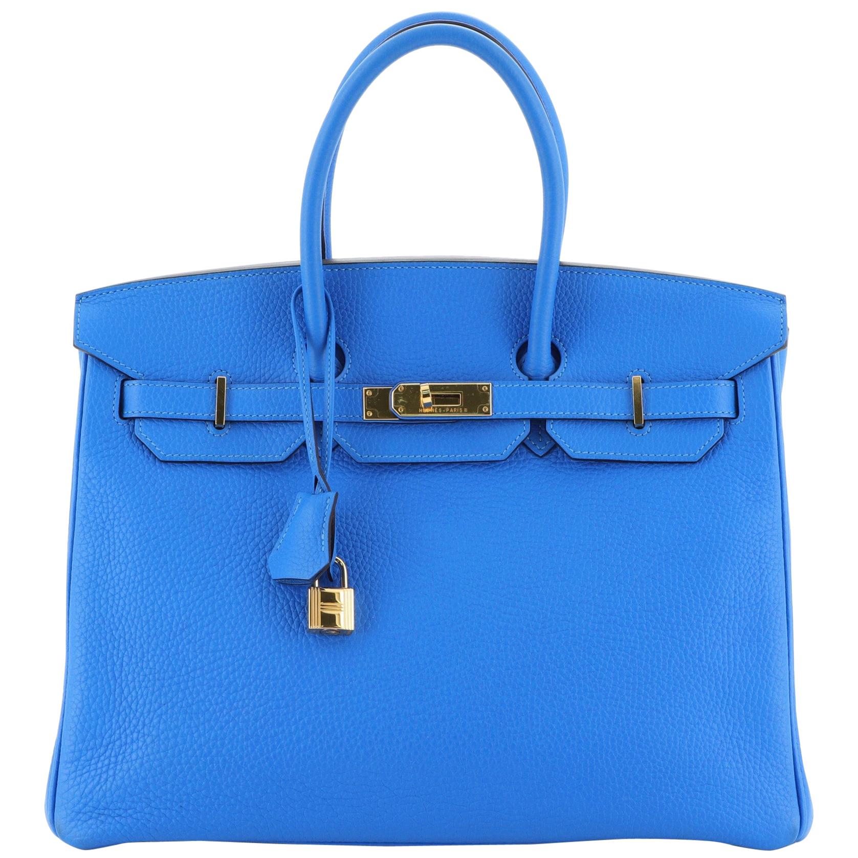 Hermes Birkin Handbag Blue Clemence With Gold Hardware 35 