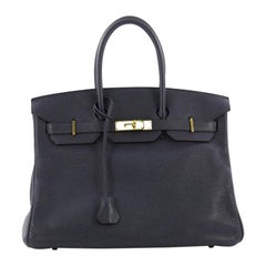 Hermes Birkin Handbag Blue Clemence with Gold Hardware 35