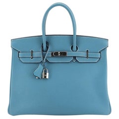 Hermes Birkin Handbag Blue Jean Clemence With Palladium Hardware 35