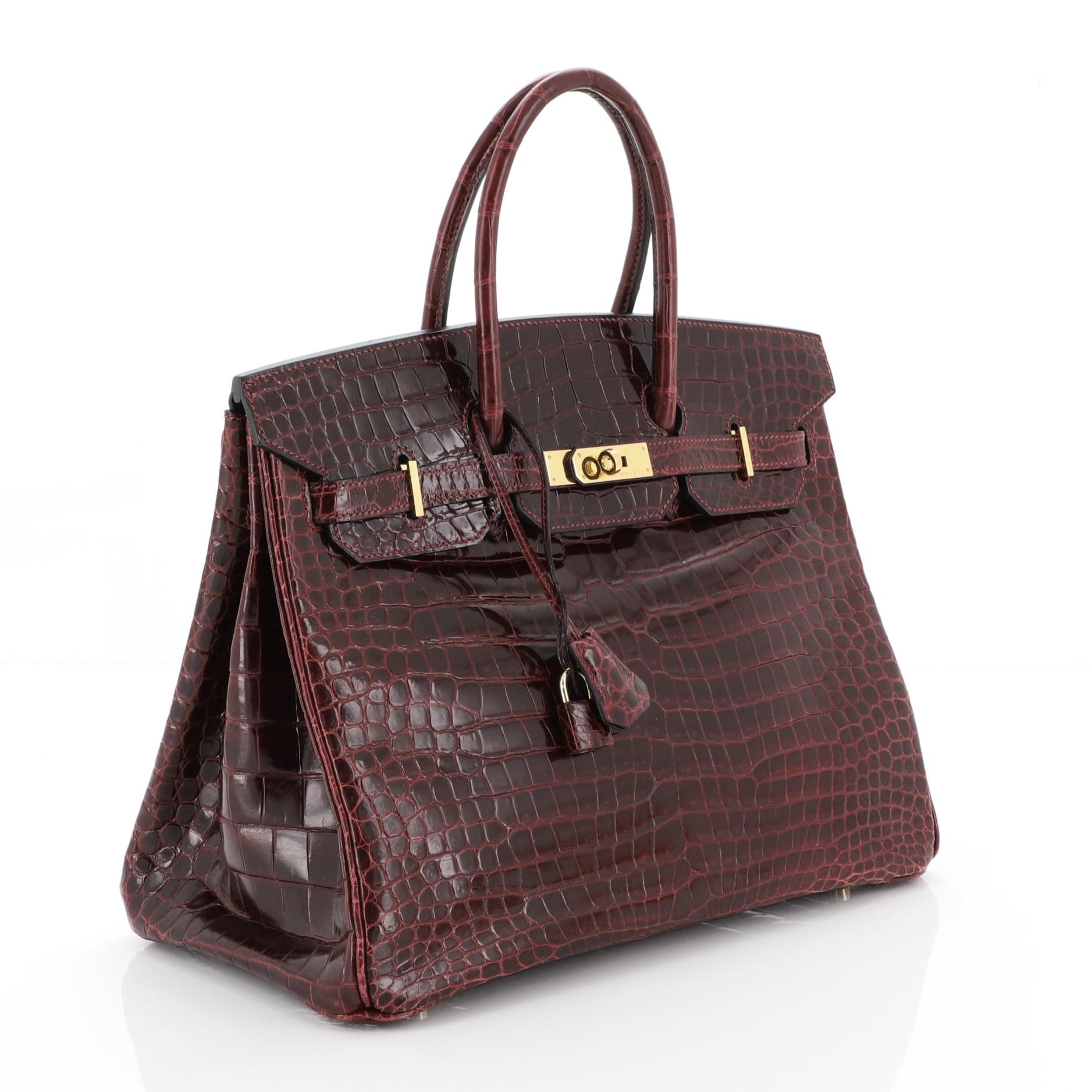 Black Hermes Birkin Handbag Bordeaux Shiny Porosus Crocodile with Gold Hardware 35