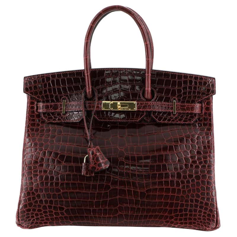 Hermes Birkin Handbag Bordeaux Shiny Porosus Crocodile with Gold ...