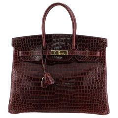 Hermes Birkin Handbag Bordeaux Shiny Porosus Crocodile with Gold Hardware 35
