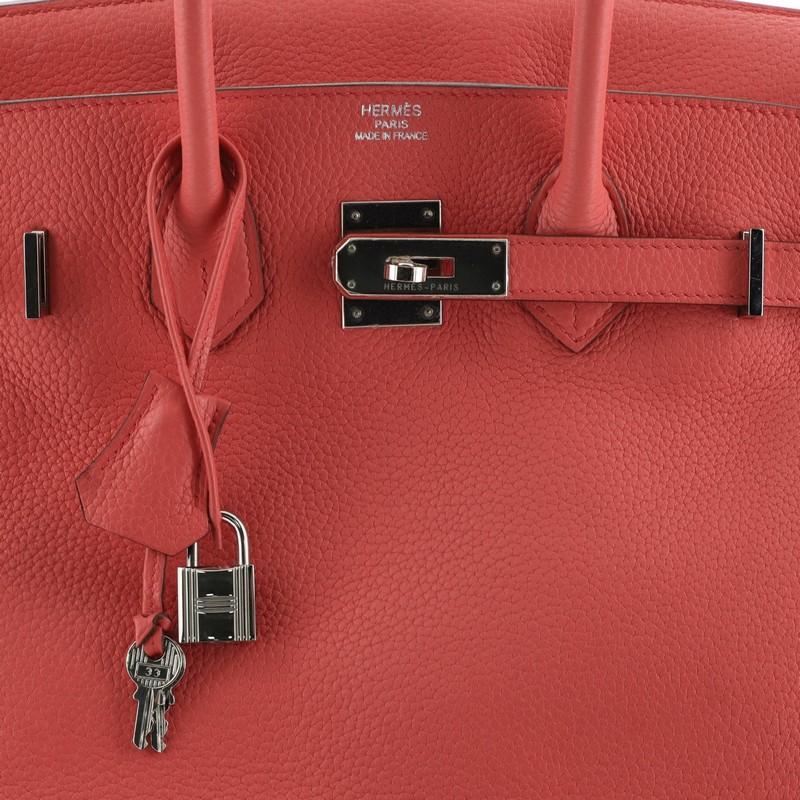 This Hermes Birkin Handbag Bougainvillea Clemence with Palladium Hardware 35, crafted in Bougainvillea red Clemence leather, features dual rolled handles, frontal flap, and palladium hardware. Its turn-lock closure opens to a Bougainvillea red