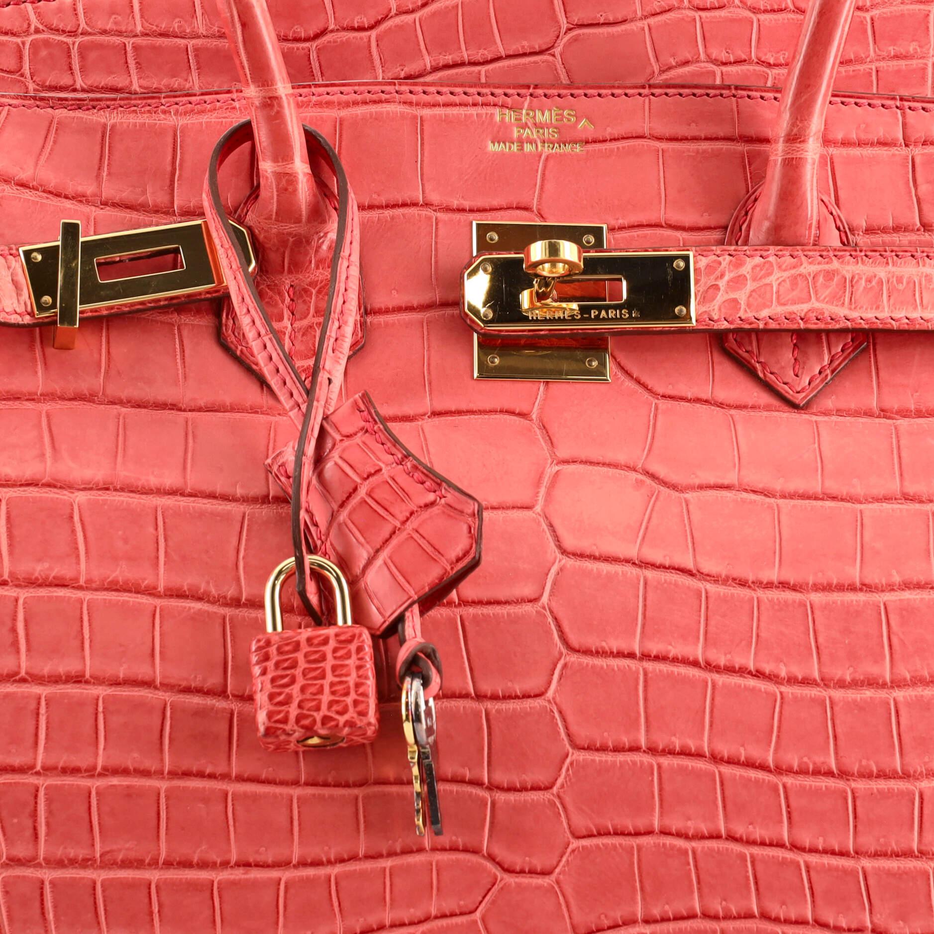 Pink Hermes Birkin Handbag Bougainvillea Matte Porosus Crocodile with Gold Hardware35