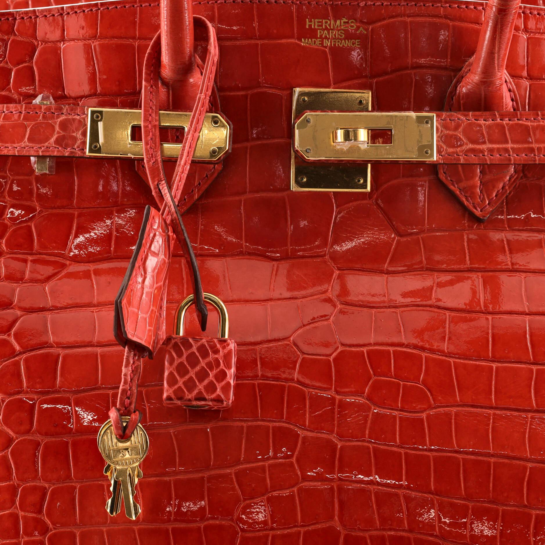 Women's or Men's Hermes Birkin Handbag Bougainvillea Shiny Porosus Crocodile with Gold Hardware