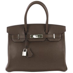 Hermes Birkin Handtasche Chocolate Clemence mit Palladium-Hardware 30