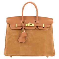 Hermès - Sac à main Birkin gris doré et Swift avec finitions métalliques dorées 25