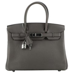 Hermes Birkin Handbag Grey Clemence with Palladium Hardware 30