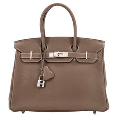 Hermès - Sac à main Birkin gris Clemence avec finitions métalliques en palladium 30