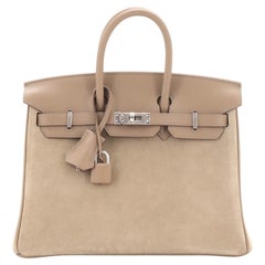 Hermes Birkin Handbag Grey Doblis Suede with Swift with Palladium Hardwar