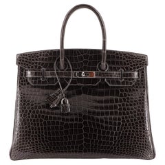 Hermes Birkin Handbag Grey Shiny Porosus Crocodile with Palladium Hardware 35