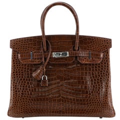 Hermes Birkin Handbag Miel Shiny Porosus Crocodile with Palladium Hardware 35