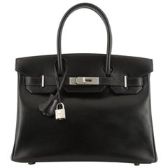 Hermes Birkin Handbag Noir Box Calf with Brushed Palladium Hardware 30