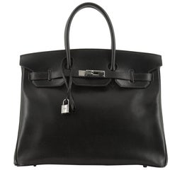 Hermes Birkin Handbag Noir Box Calf with Ruthenium Hardware 35