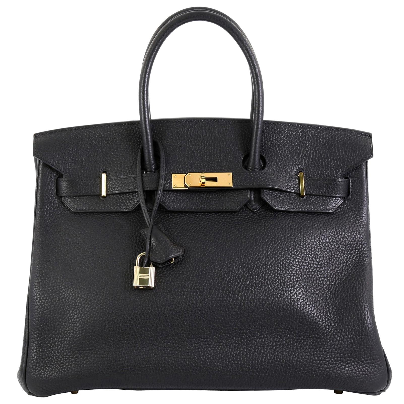 Hermes Birkin Handbag Noir Clemence with Gold Hardware 35