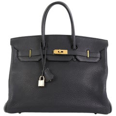 Hermes Birkin Handbag Noir Clemence with Gold Hardware 35