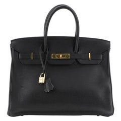 Hermes Birkin Handbag Noir Clemence With Gold Hardware 35