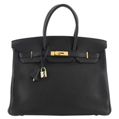 Hermes Birkin Handbag Noir Clemence with Gold Hardware 35