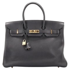 Sac à main Hermès Birkin Noir Clemence avec finitions métalliques dorées 35