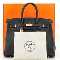 Sac à main Hermès Birkin Noir Evergrain avec finitions métalliques dorées 35