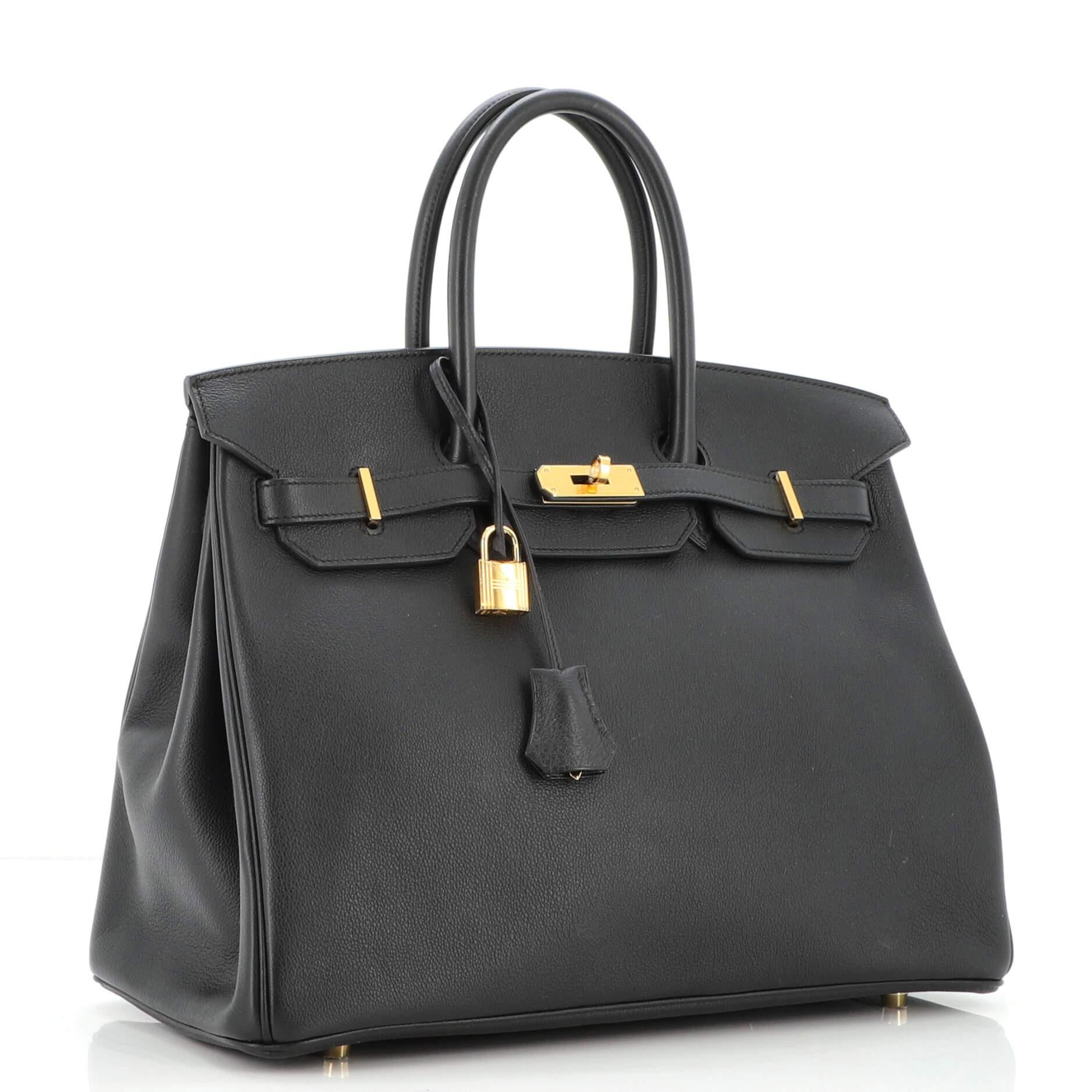 Black Hermes Birkin Handbag Noir Evergrain with Gold Hardware 35 For Sale