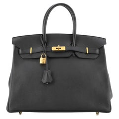 Hermes Birkin Handbag Noir Evergrain with Gold Hardware 35