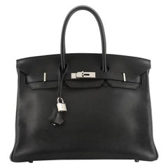 Hermes Birkin Handbag Noir Evergrain With Palladium Hardware 35
