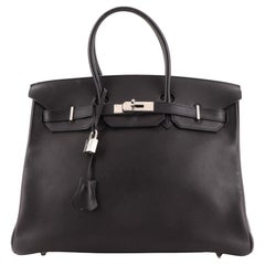 Hermes Birkin Handbag Noir Evergrain with Palladium Hardware 35