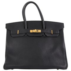 Hermes Birkin Handbag Noir Fjord With Gold Hardware 35