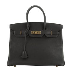 Hermes Birkin Handbag Noir Fjord With Gold Hardware 35