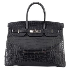 Hermes Birkin Handbag Noir Matte Alligator with Palladium Hardware 35
