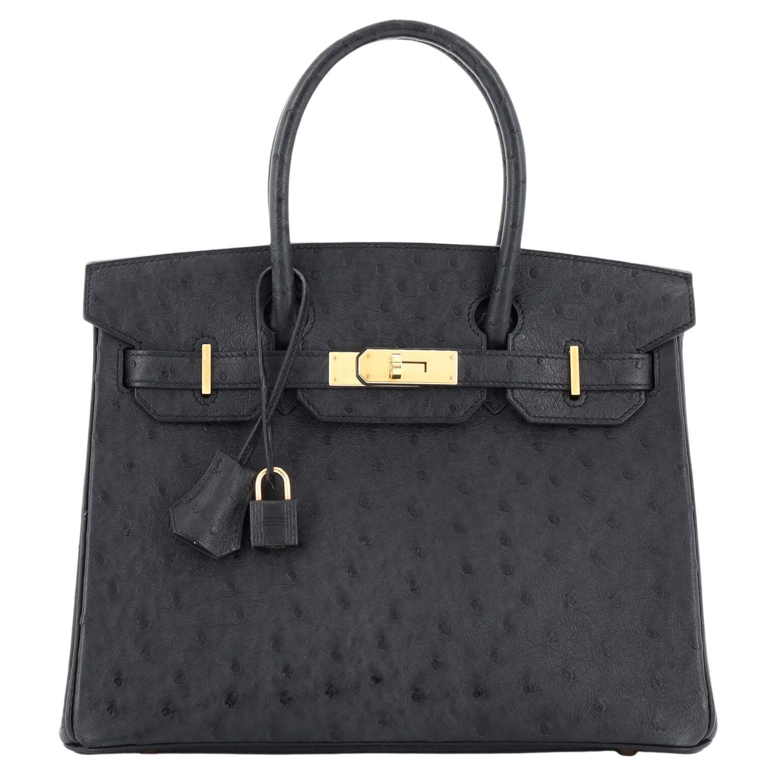 Hermes Birkin Handbag Noir Ostrich with Rose Gold Hardware 30 For Sale
