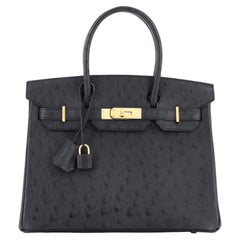 Hermes Birkin Handbag Noir Ostrich with Rose Gold Hardware 30