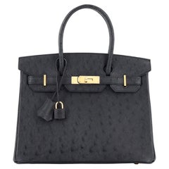 Hermes Birkin Handtasche Noir Straußenleder mit Roségoldbeschlägen 30