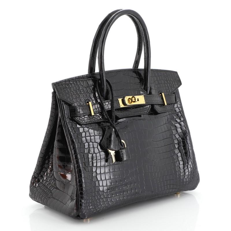 Black Hermes Birkin Handbag Noir Shiny Porosus Crocodile With Gold Hardware 30 