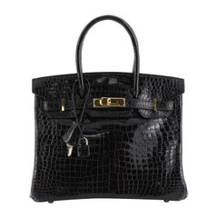 Hermes Birkin Handbag Noir Shiny Porosus Crocodile With Gold Hardware 30 