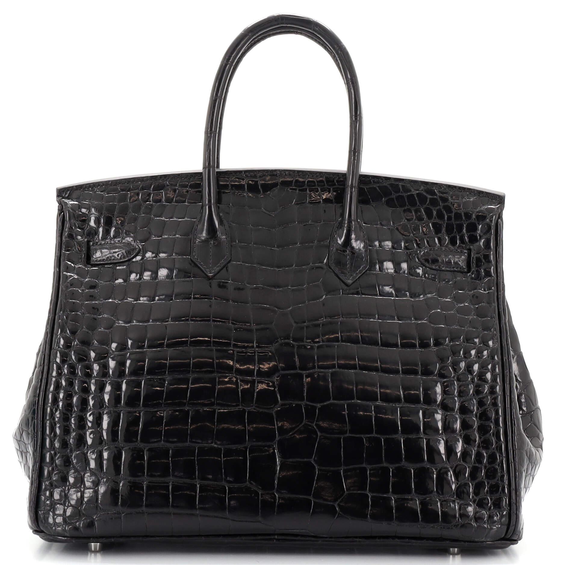 Hermes Birkin Handbag Noir Shiny Porosus Crocodile with Palladium Hardwar In Good Condition In NY, NY
