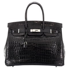 Hermes Birkin Handbag Noir Shiny Porosus Crocodile with Palladium Hardwar