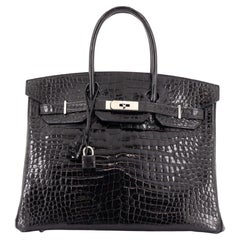 Hermes Birkin Handbag Noir Shiny Porosus Crocodile with Palladium Hardware 35