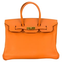 Hermès - Sac à main Birkin orange en cuir Epsom avec accessoires en palladium 35