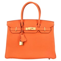 Hermès - Sac à main Birkin orange H Clemence avec accessoires en palladium 30