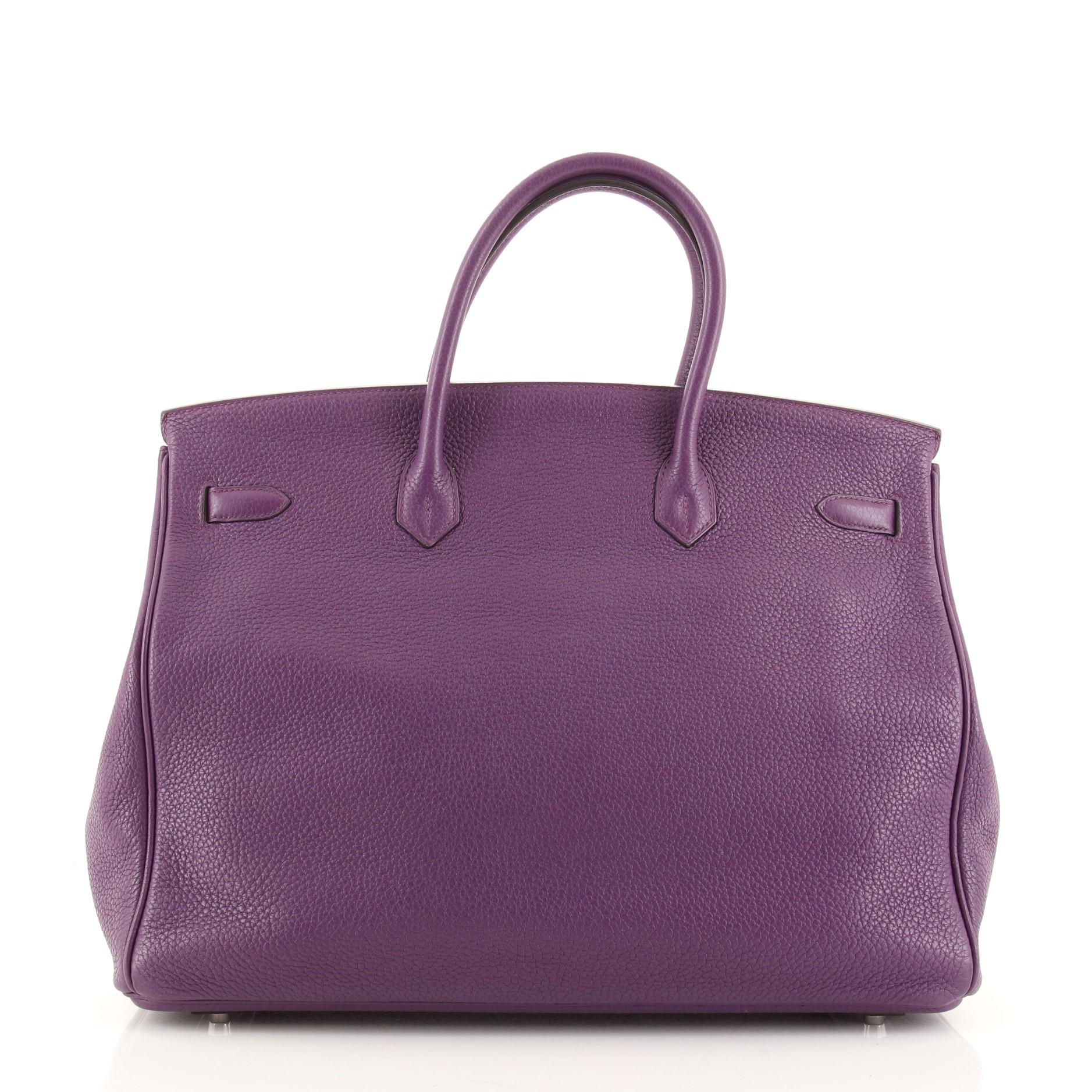 Hermes Birkin Handbag Purple Clemence with Palladium Hardware 40. Loss of shape on exterior and handles. Minor scuffs and indentations on base, splitting on opening wax edge corners, creasing and slight indentions in interior and scuffs on interior