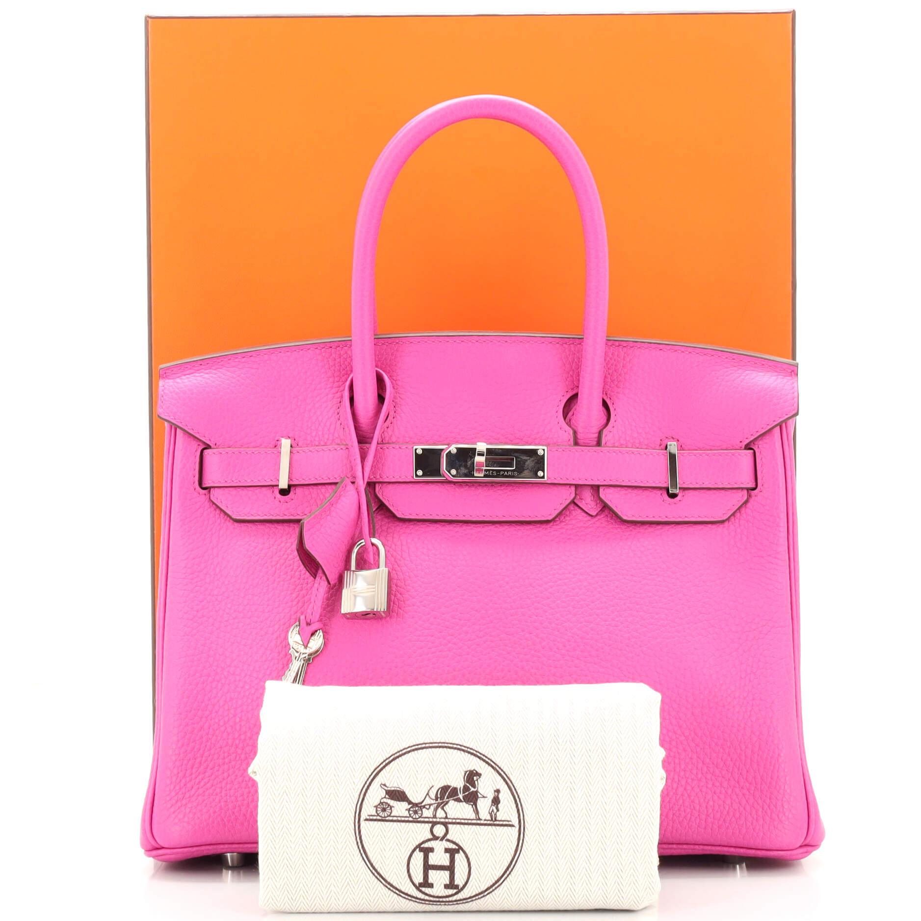 Condition: Excellent. Light creasing on exterior, small indentations on interior base, scratches on hardware.
Accessories: Lock, Dust Bag, Clochette, Keys, Box
Measurements: Handle Drop 4.5