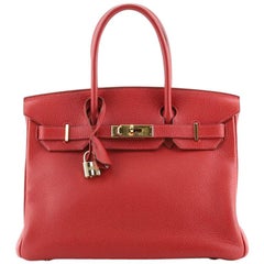 Hermes Birkin Handbag Rouge Vif Clemence with Gold Hardware 30