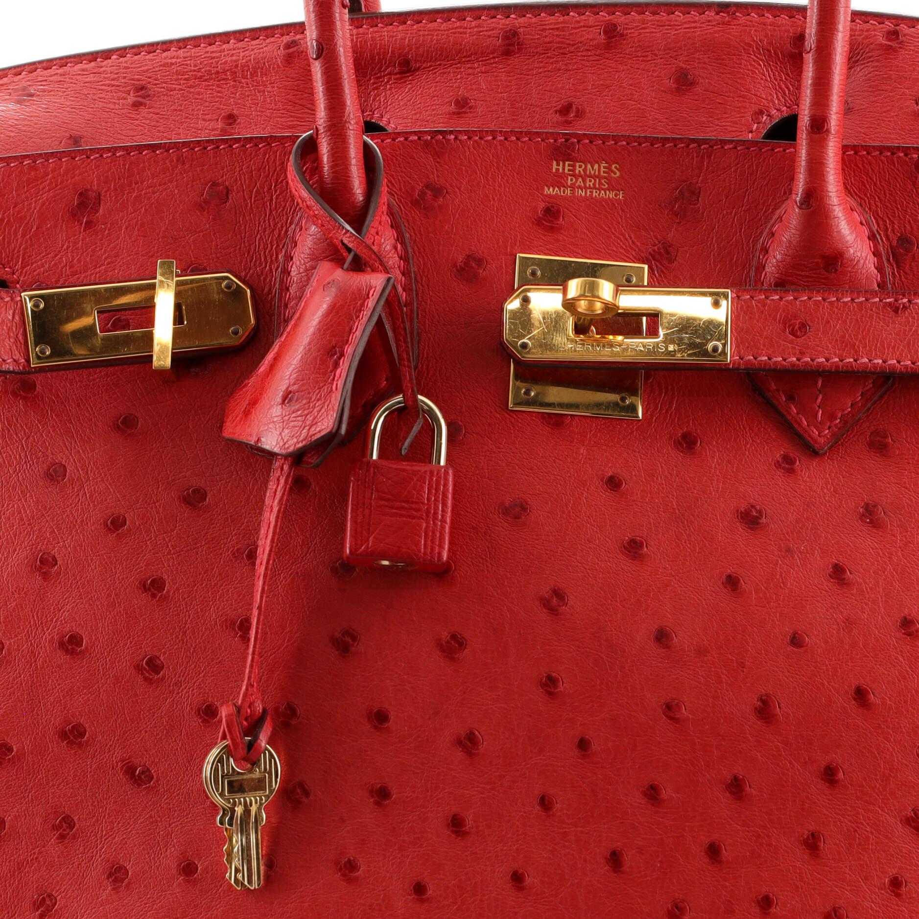 Women's or Men's Hermes Birkin Handbag Rouge Vif Ostrich with Gold Hardware 30