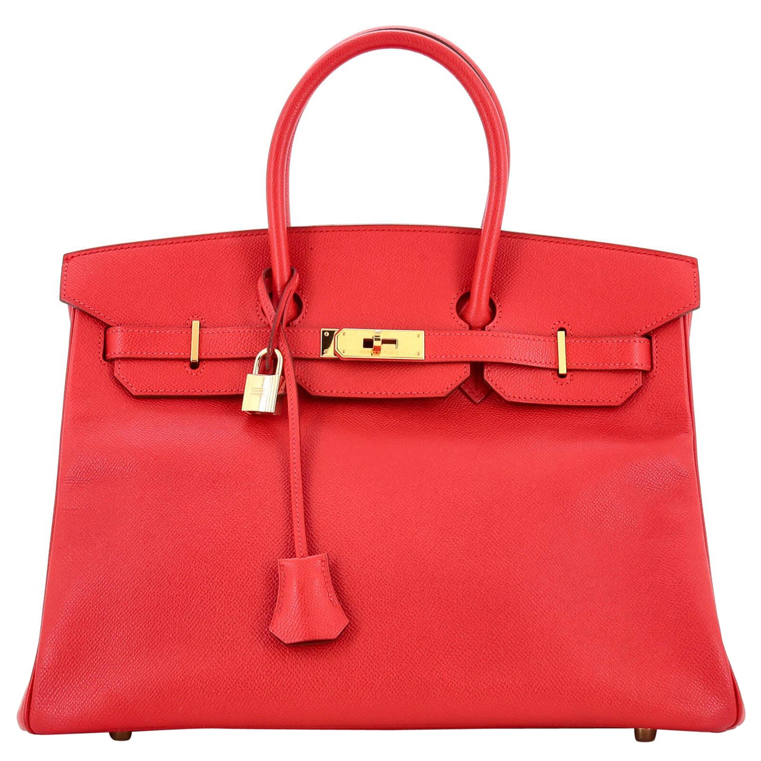Hermes Birkin Handbag Rouge Vif Veau Grain Lisse with Gold Hardware 35 For Sale